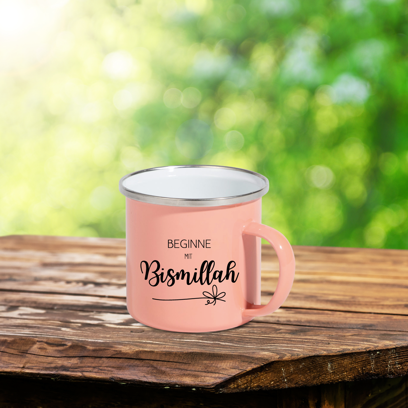 Emaile Tasse Aprikose - Beginne mit Bismillah