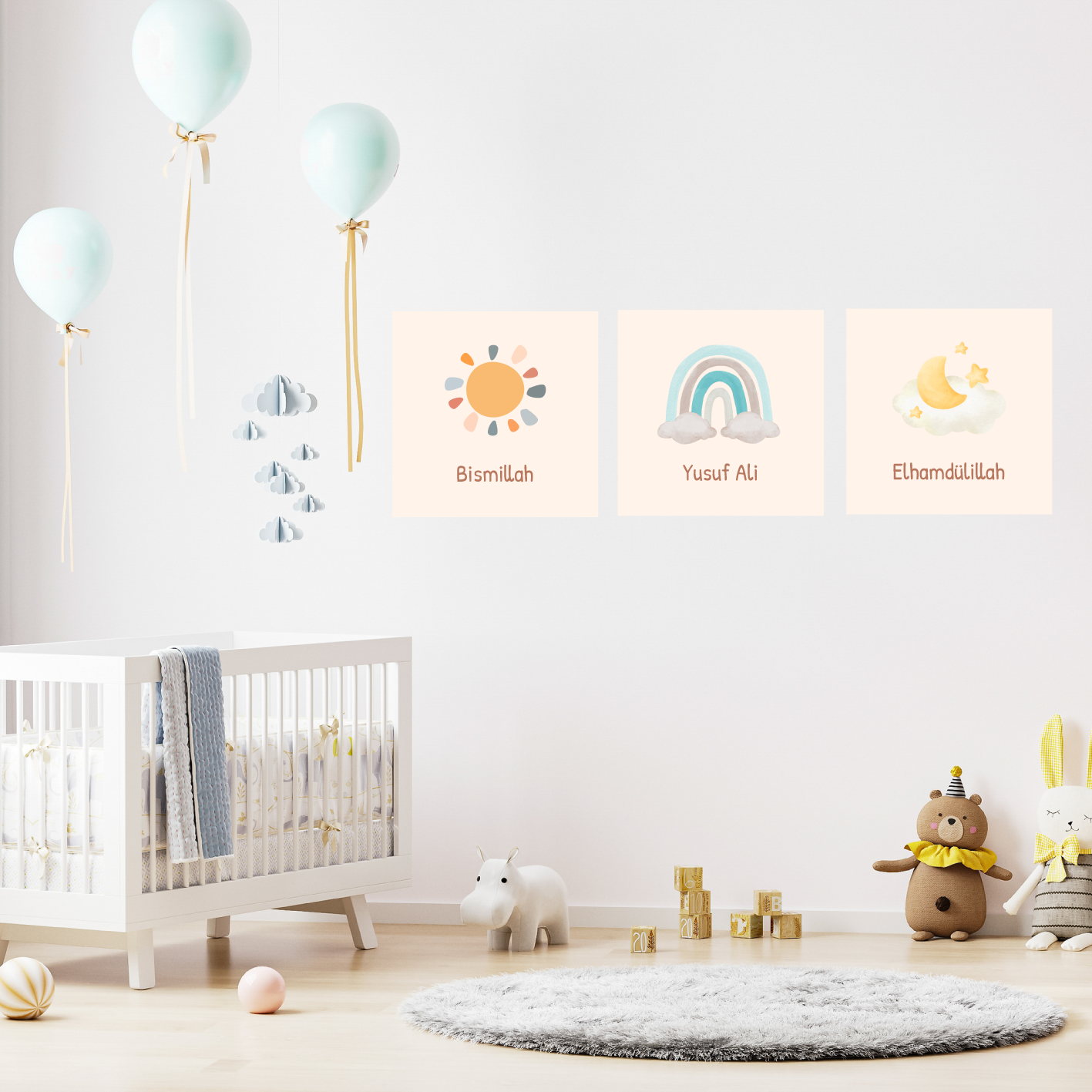 3'lü kişiselleştirilmiş Bismillah duvar çıkartması poster seti (Türkçe)