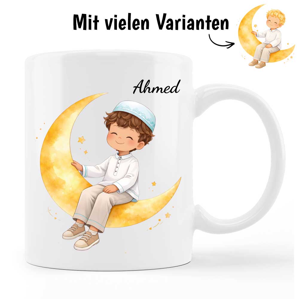 Junge im Mondtraum - Personalisierte Tasse oder Spardose