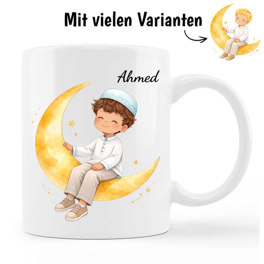 Junge im Mondtraum - Personalisierte Tasse oder Spardose