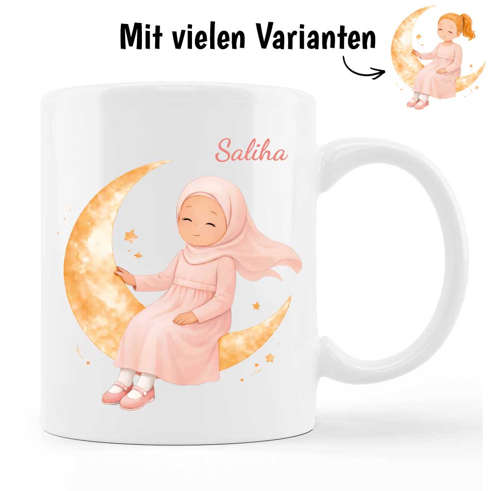 Mädchen im Mondtraum - Personalisierte Tasse oder Spardose