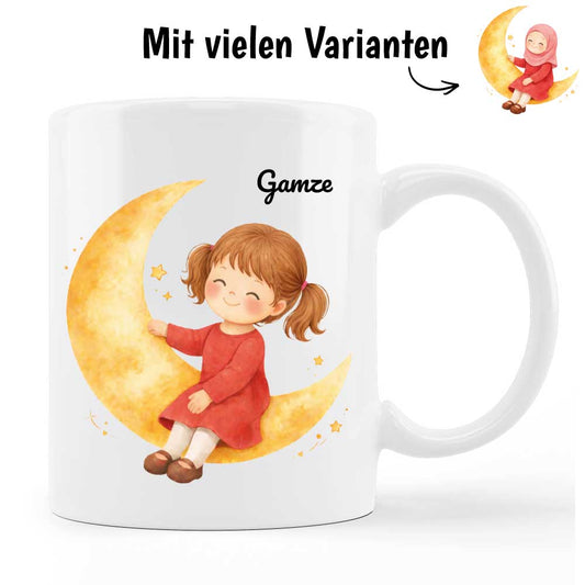 Mädchen auf dem Mond - Personalisierte Tasse oder Spardose